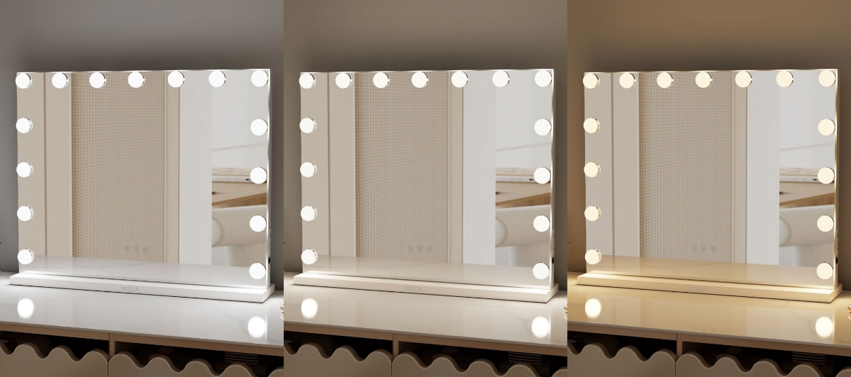 NOOA GLAM HOLLYWOOD MAKEUP MIRROR and its three brightness settings displayed side by side