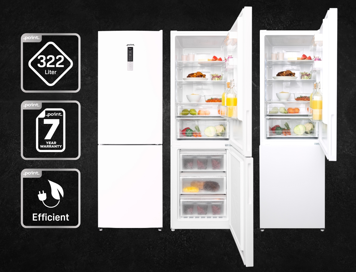 Feeling image with doors open and icons describing that capasity is 322 liters, 7 year warranty and efficiency
