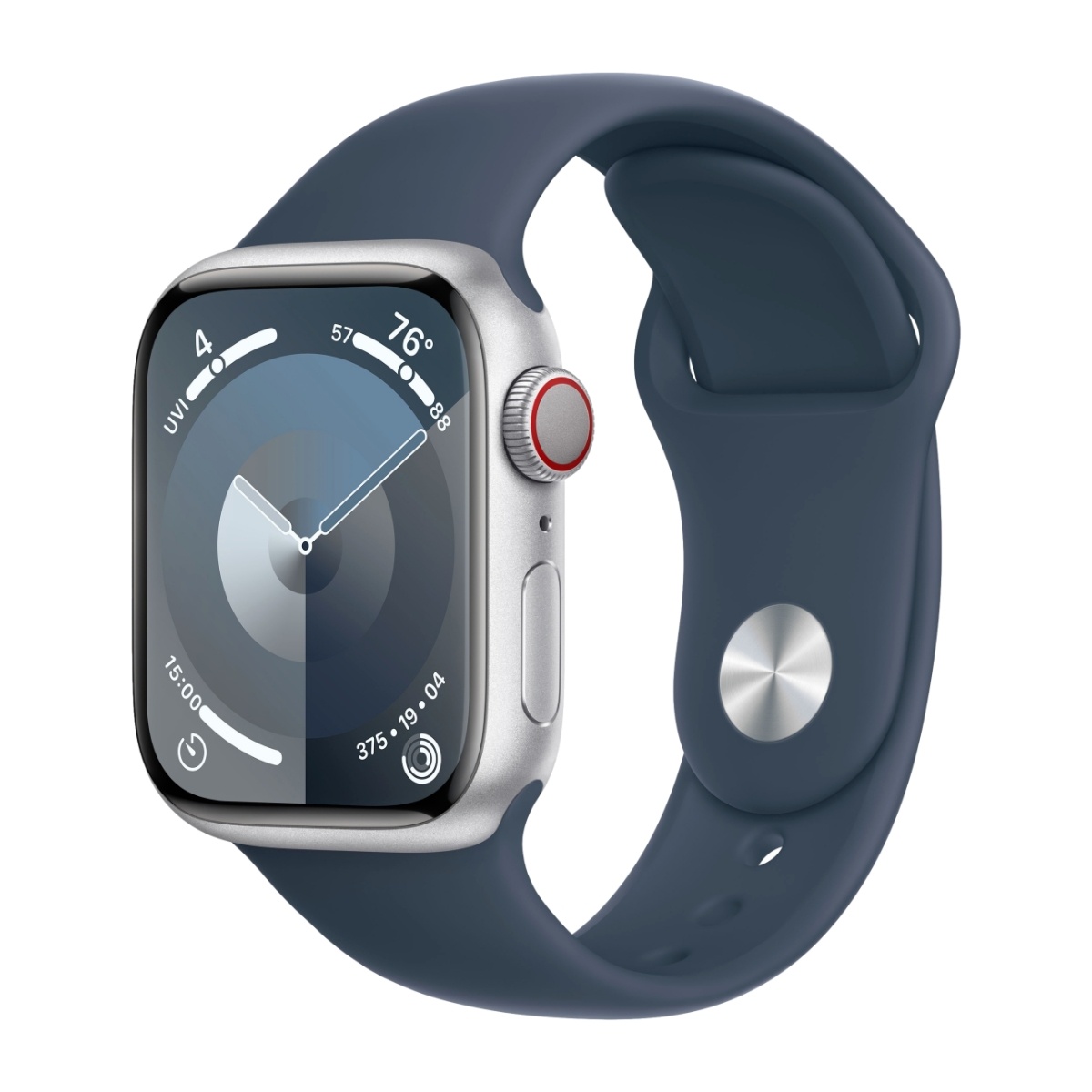 Apple Watch Series 9 GPS + Cellular 41 mm sølvfarvet aluminium urkasse med Stormblå sportsrem - S/M