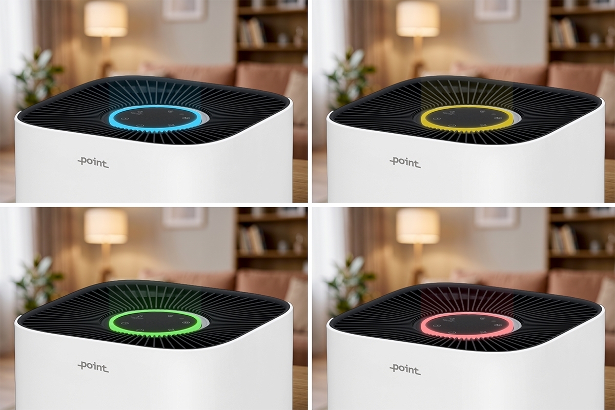 POINT POAP350 AIR PURIFIER Four images of a white POAP350 air purifier with different colors in the product stating the different air qualities in the room