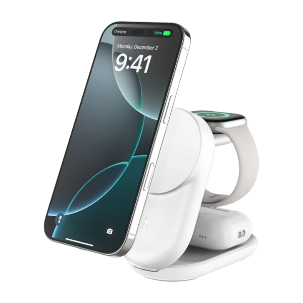 Belkin UltraCharge 3-in-1 kokoontaitettava magneettinen laturi 25 W Qi2, valkoinen