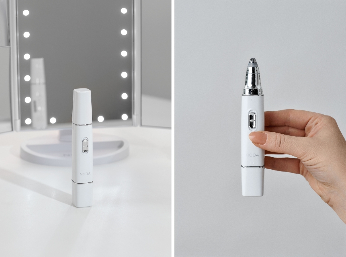 Two images of the NOOA LISSE EYEBROW & FACIAL TRIMMER, on the left it's on a makeup vanity, on the right it's held against a white backdrop