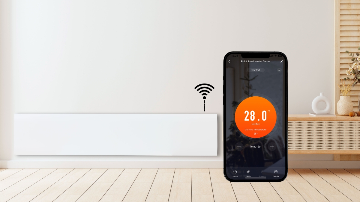 POINT POLISW1000 LOW PANEL HEATER, MATT WHITE on a beige wall, with the Smart Life app open on a phone screen in front of it