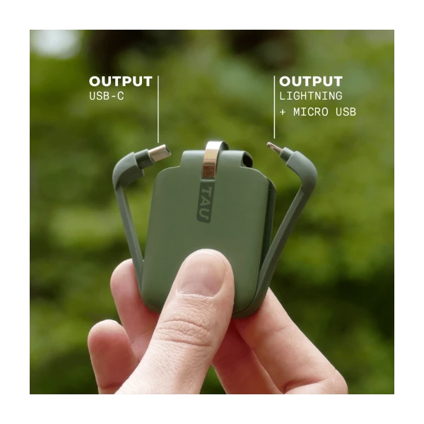 Rolling Square Tau Power Bank Sleutelhanger met oplader voor mobiele telefoon, digitaal visitekaartje met NFC/QR code, 2000 mAh, compatibel met USB-C-stekker, micro-USB en Lightning, grijs