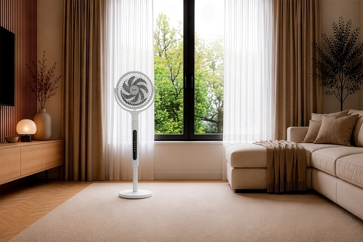 POINT POFPDCWH PEDESTAL CIRCULATION FAN White Point pedestal fan in a living room with lots of light and warm tones and a window behind the fan with lots of greenery